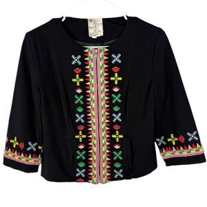 Tulle Black Embroidered Boho Jacket Blazer Multicolor Festival XS